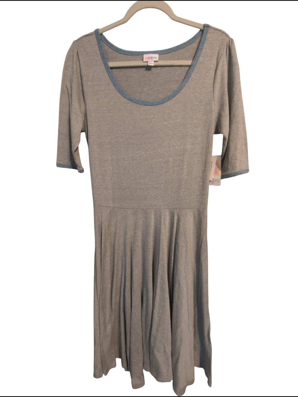 Nwt LuLaRoe Gray Tee with Blue Trim Dress Casual Soft Stretch Nichole Large
